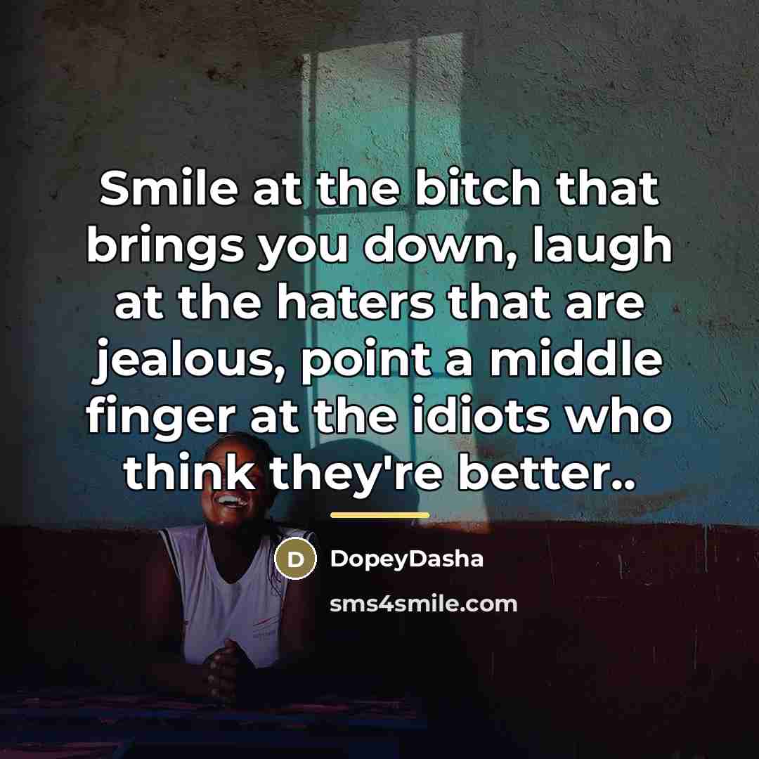 “Smile at the bitch that brings you down, laugh at…” quote by DopeyDasha