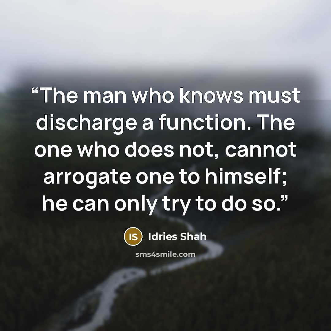 “The man who knows must discharge a function. The one who does not, cannot arrogate one to himself; he can only try to do so.” quote by Idries Shah