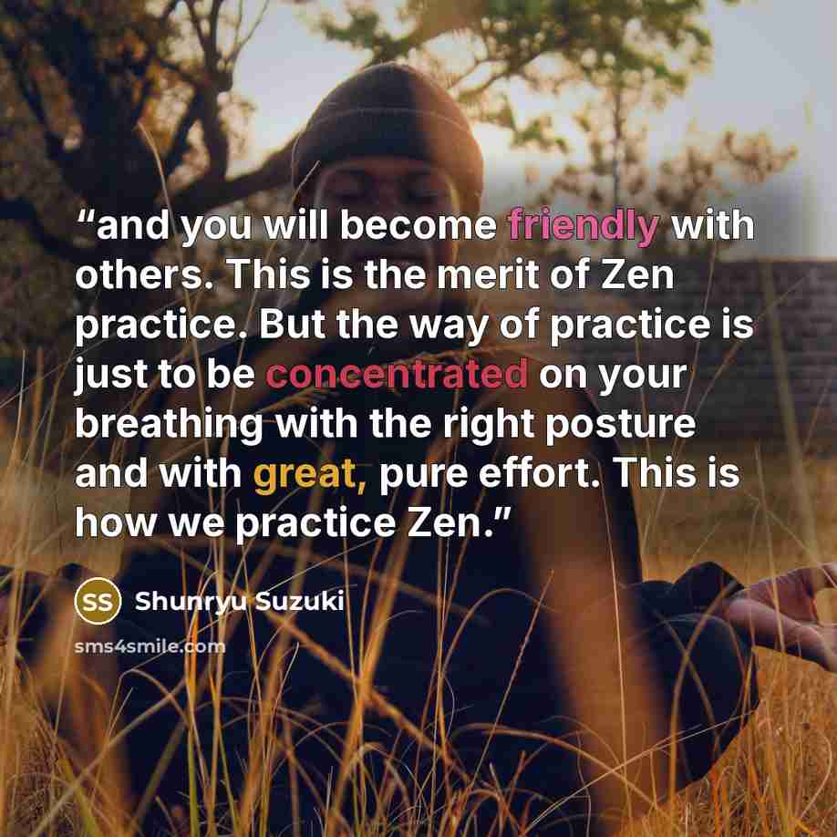 “and you will become friendly with others. This is the merit of Zen practice. But the way of practice is just to be concentrated on your breathing with the right posture and with great, pure effort. This is how we practice Zen.” quote by Shunryu Suzuki