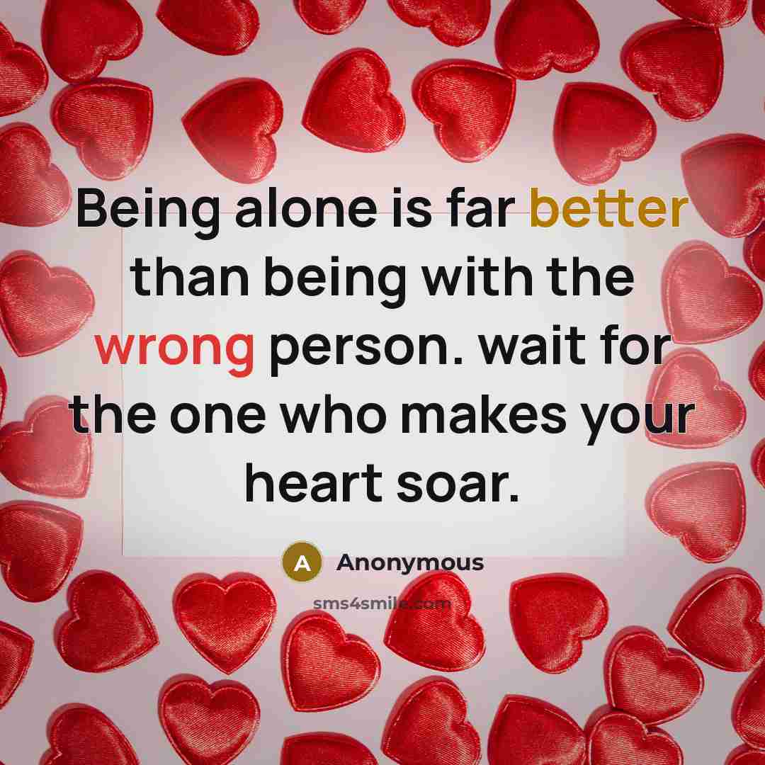 “Being alone is far better than being with the wrong person. wait for the one who makes your heart soar.” quote by Anonymous