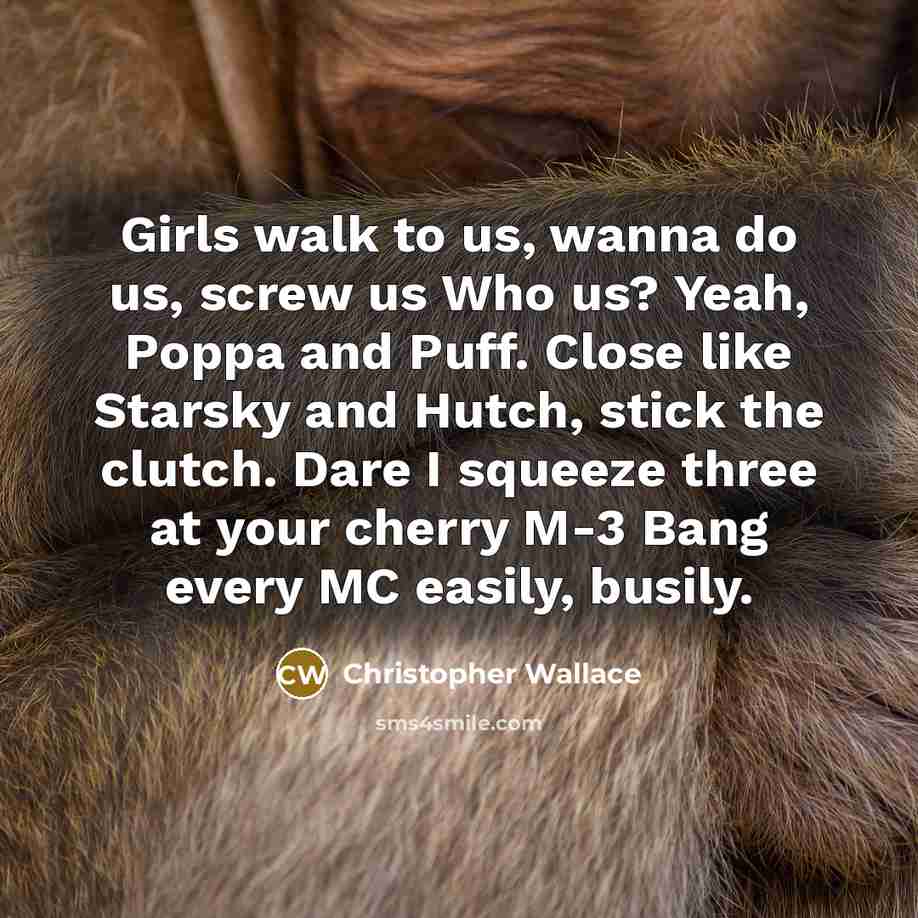 “Girls walk to us, wanna do us, screw us Who us? Yeah, Poppa and Puff. Close like Starsky and Hutch, stick the clutch. Dare I squeeze three at your cherry M-3 Bang every MC easily, busily.” quote by Christopher Wallace