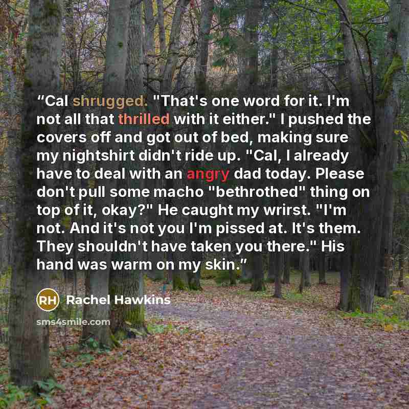 “Cal shrugged. "That's one word for it. I'm not all that thrilled with it either." I pushed the covers off and got out of bed, making sure my nightshirt didn't ride up. "Cal, I already have to deal with an angry dad today. Please don't pull some macho "bethrothed" thing on top of it, okay?" He…” quote by Rachel Hawkins
