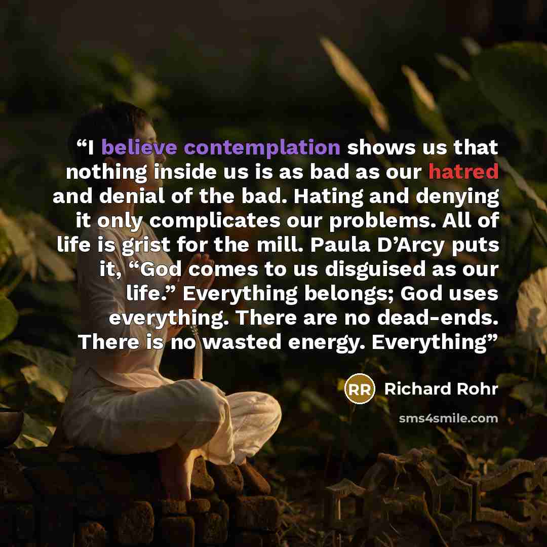 “I believe contemplation shows us that nothing inside us is as bad as our hatred and denial of the bad. Hating and denying it only complicates our problems. All of life is grist for the mill. Paula D’Arcy puts it, “God comes to us disguised as our life.” Everything belongs; God uses everything…” quote by Richard Rohr