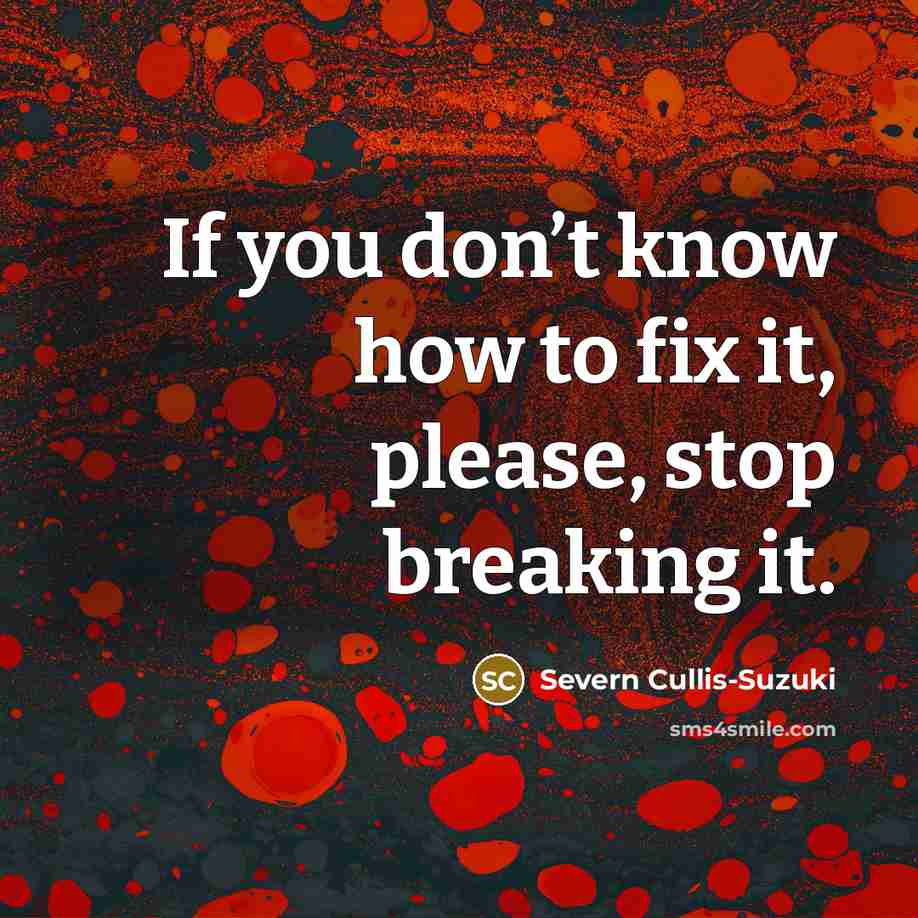 “If you don’t know how to fix it, please, stop…” quote by Severn Cullis-Suzuki