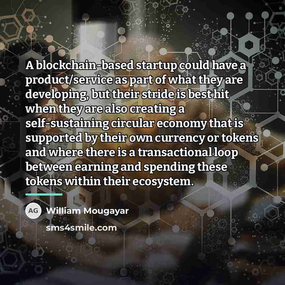 “A blockchain-based startup could have a product/service as part of…” quote by William Mougayar