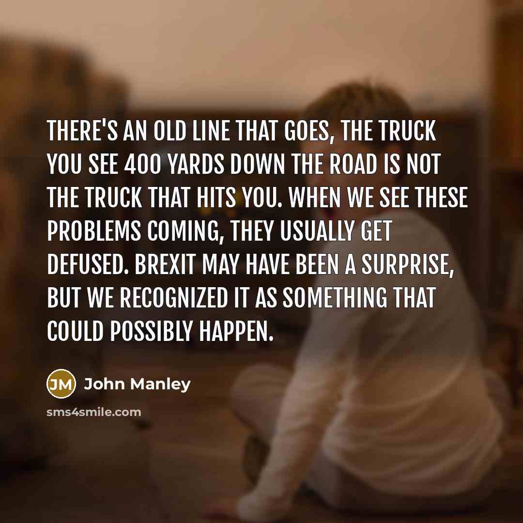 “There's an old line that goes, the truck you see 400 yards down the road is not the truck that hits you. When we see these problems coming, they usually get defused. Brexit may have been a surprise, but we recognized it as something that could possibly happen.” quote by John Manley