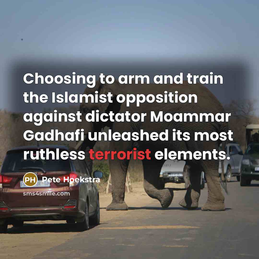 “Choosing to arm and train the Islamist opposition against dictator Moammar Gadhafi unleashed its most ruthless terrorist elements.” quote by Pete Hoekstra