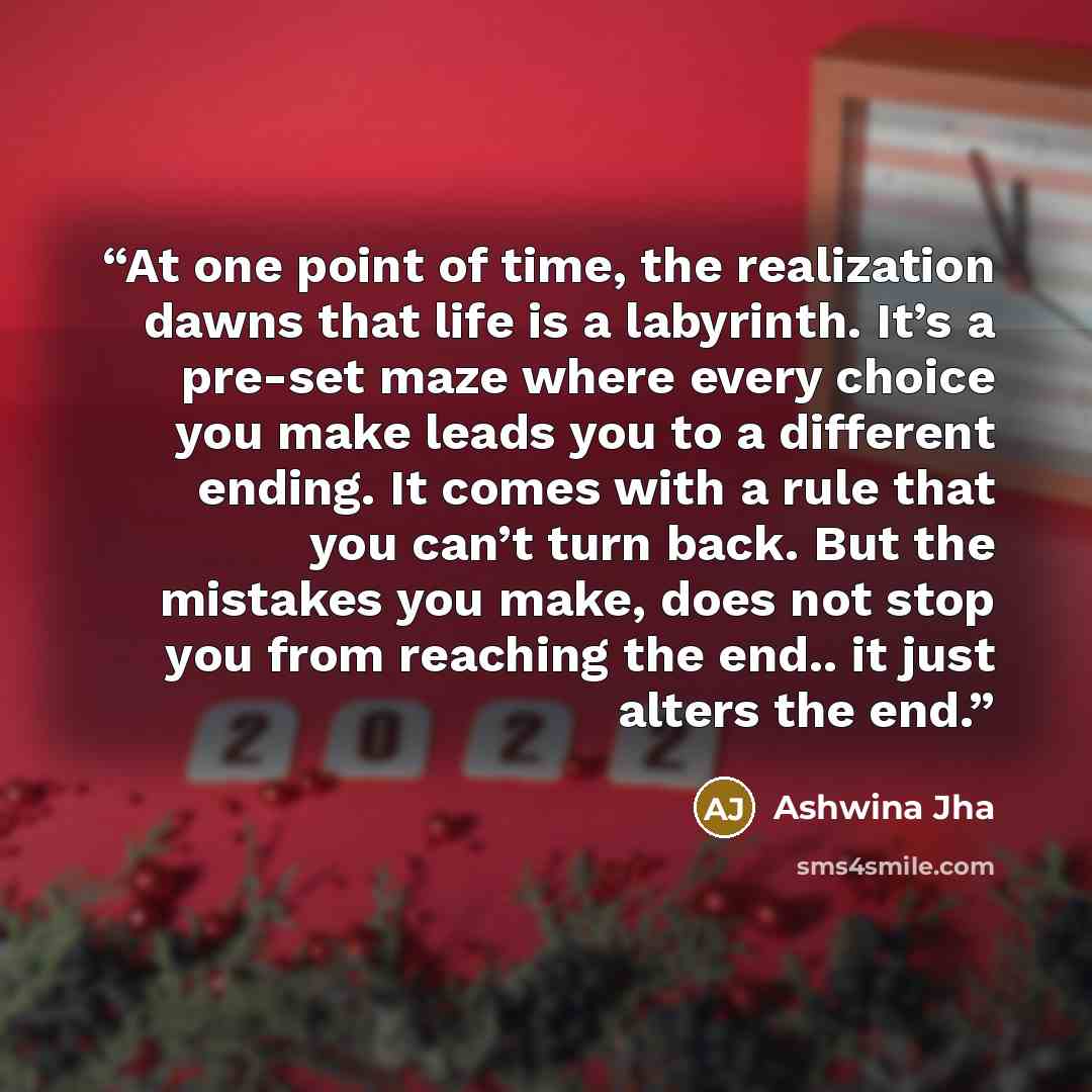 “At one point of time, the realization dawns that life is a labyrinth. It’s a pre-set maze where every choice you make leads you to a different ending. It comes with a rule that you can’t turn back. But the mistakes you make, does not stop you from reaching the end.. it just alters the end.” quote by Ashwina Jha