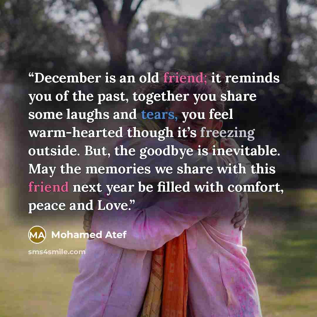 “December is an old friend; it reminds you of the past, together you share some laughs and tears, you feel warm-hearted though it’s freezing outside. But, the goodbye is inevitable. May the memories we share with this friend next year be filled with comfort, peace and Love.” quote by Mohamed Atef