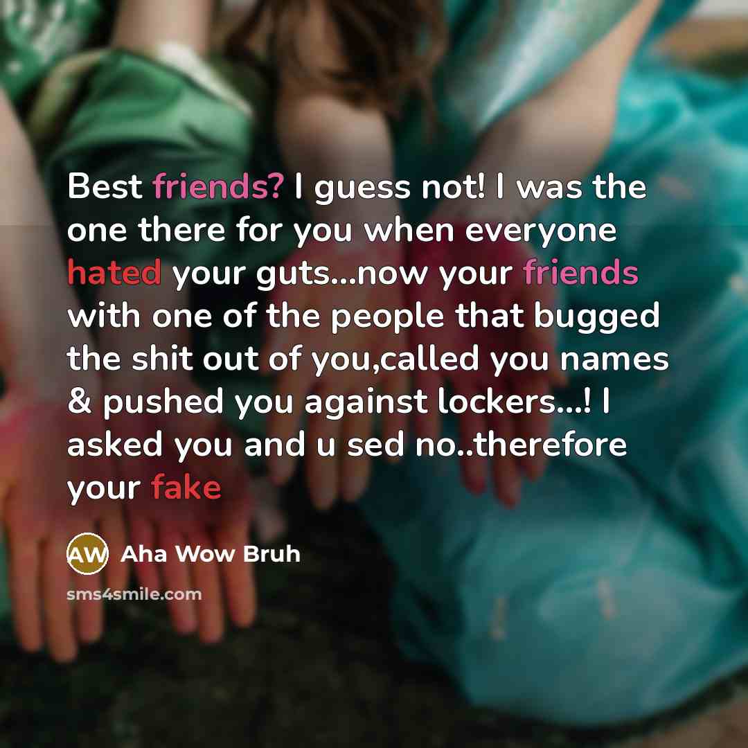 “Best friends? I guess not! I was the one there for you when everyone hated your guts...now your friends with one of the people that bugged the shit out of you,called you names & pushed you against lockers...! I asked you and u sed no..therefore your fake” quote by Aha Wow Bruh