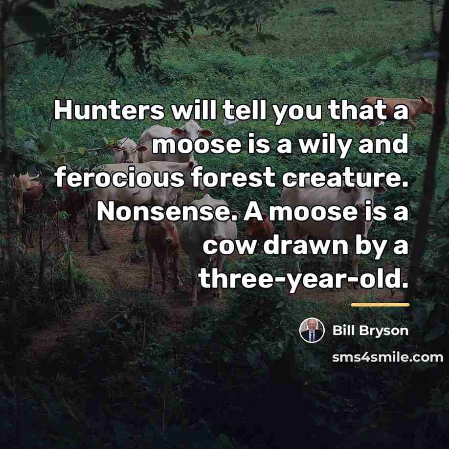 “Hunters will tell you that a moose is a wily…” quote by Bill Bryson