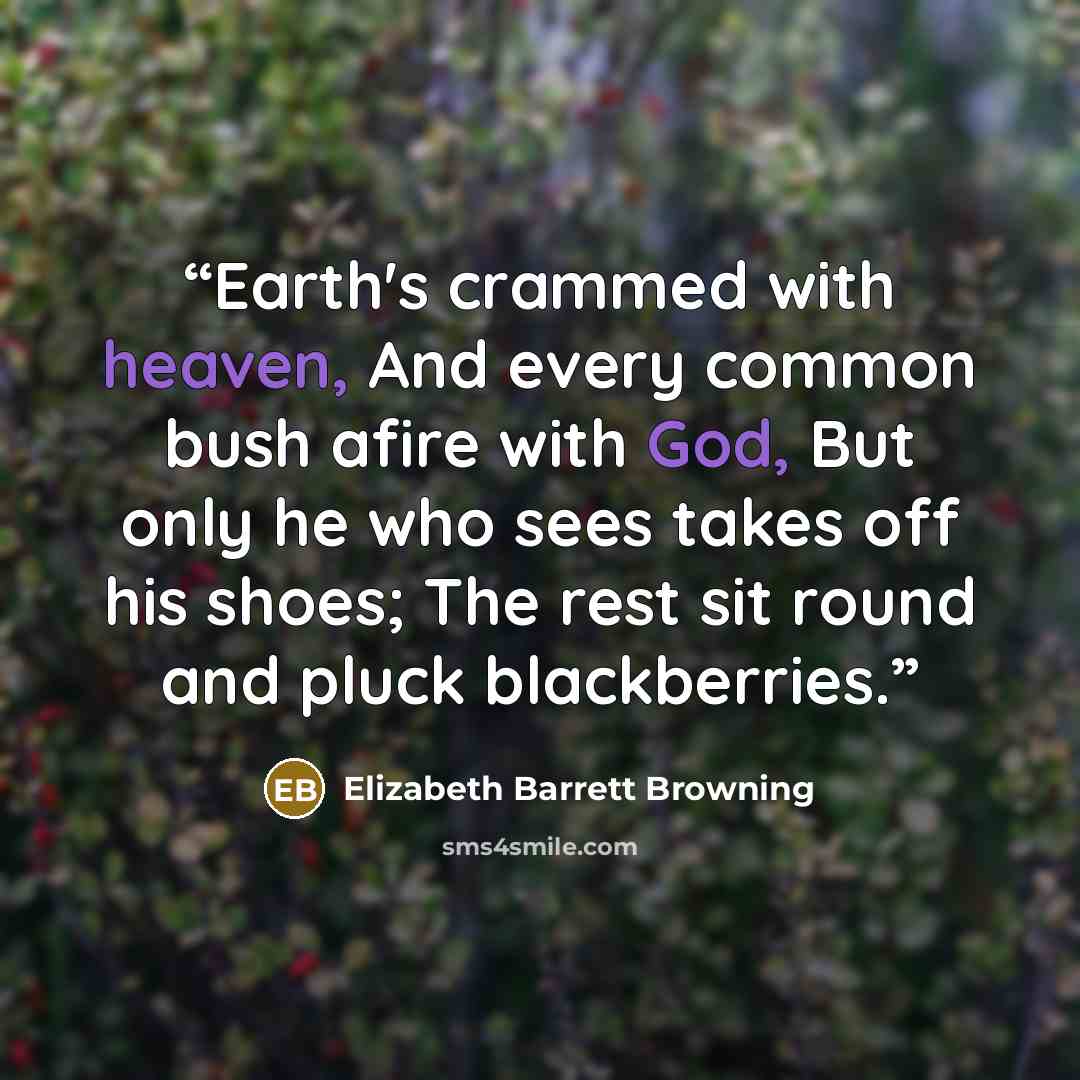“Earth's crammed with heaven, And every common bush afire with God, But only he who sees takes off his shoes; The rest sit round and pluck blackberries.” quote by Elizabeth Barrett Browning