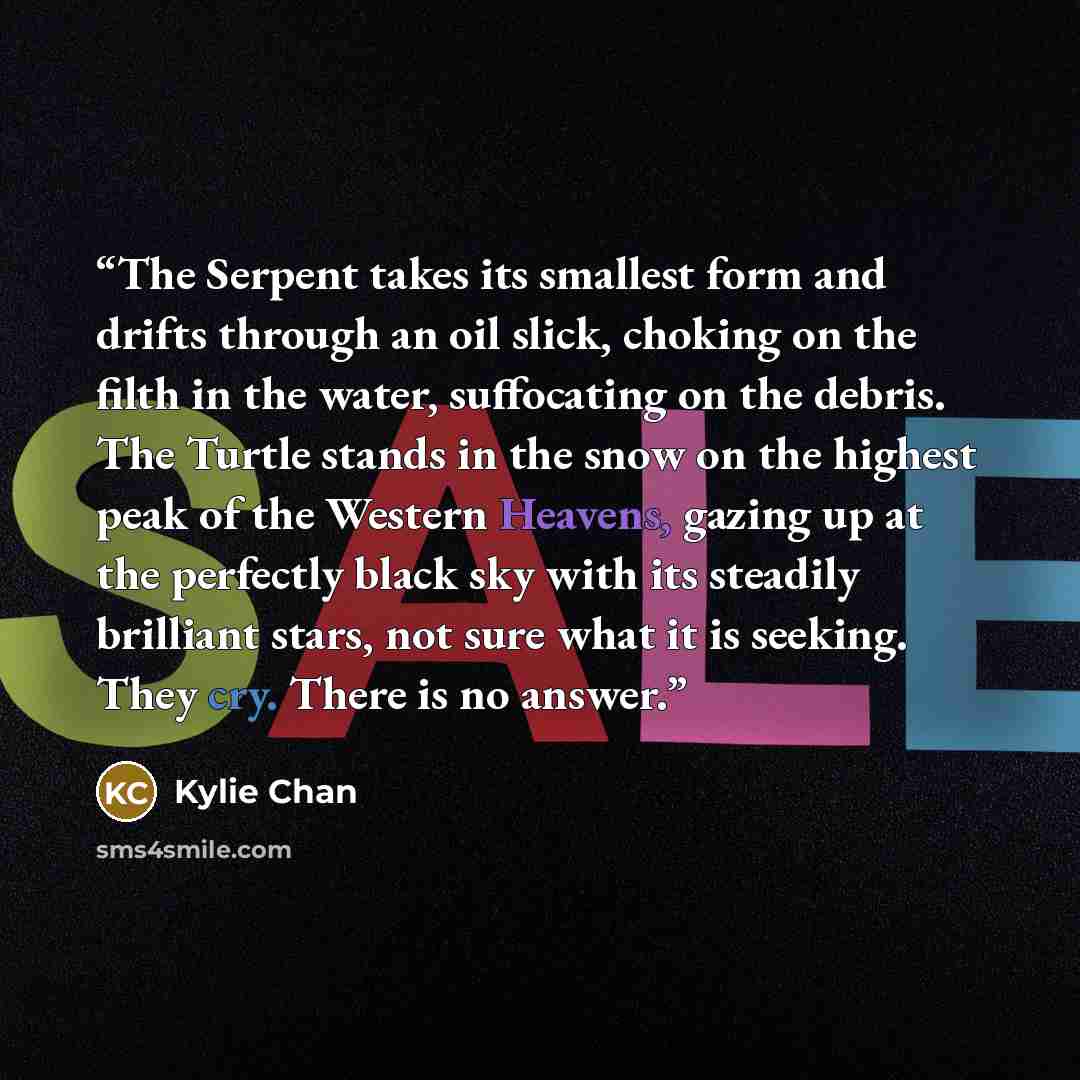 “The Serpent takes its smallest form and drifts through an oil slick, choking on the filth in the water, suffocating on the debris. The Turtle stands in the snow on the highest peak of the Western Heavens, gazing up at the perfectly black sky with its steadily brilliant stars, not sure what it is…” quote by Kylie Chan