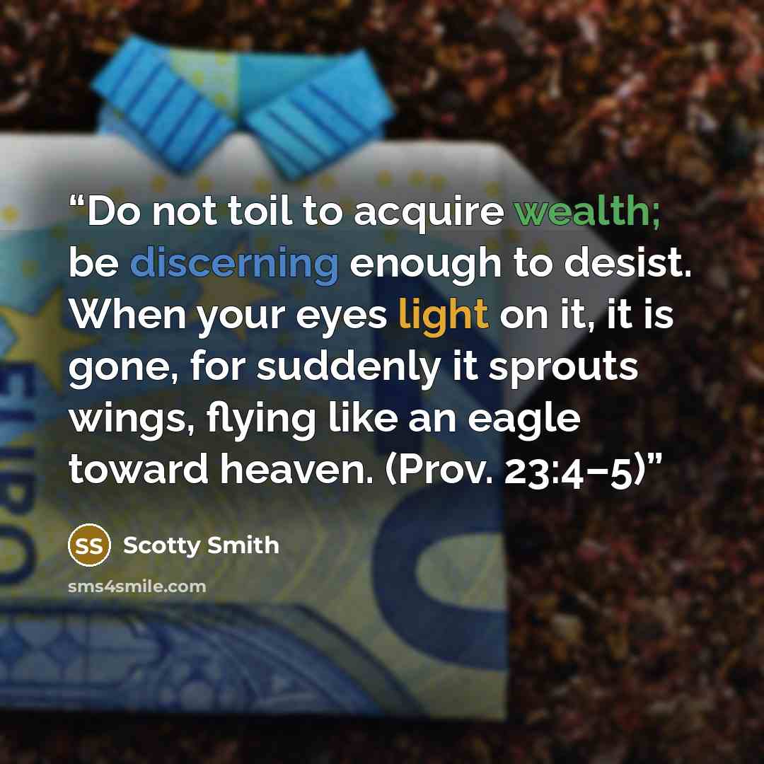 “Do not toil to acquire wealth; be discerning enough to desist. When your eyes light on it, it is gone, for suddenly it sprouts wings, flying like an eagle toward heaven. (Prov. 23:4–5)” quote by Scotty Smith