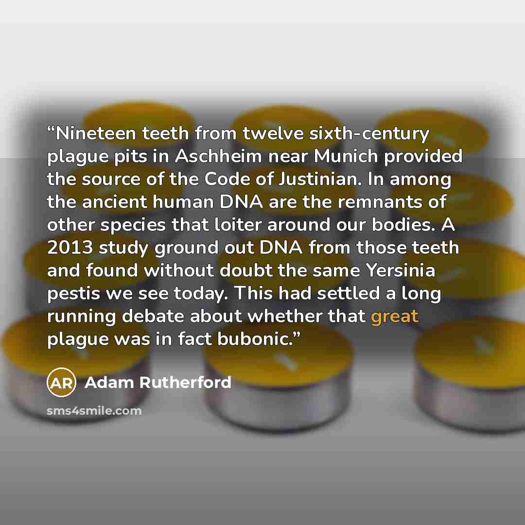 “Nineteen teeth from twelve sixth-century plague pits in Aschheim near Munich provided the source of the Code of Justinian. In among the ancient human DNA are the remnants of other species that loiter around our bodies. A 2013 study ground out DNA from those teeth and found without doubt the same…” quote by Adam Rutherford