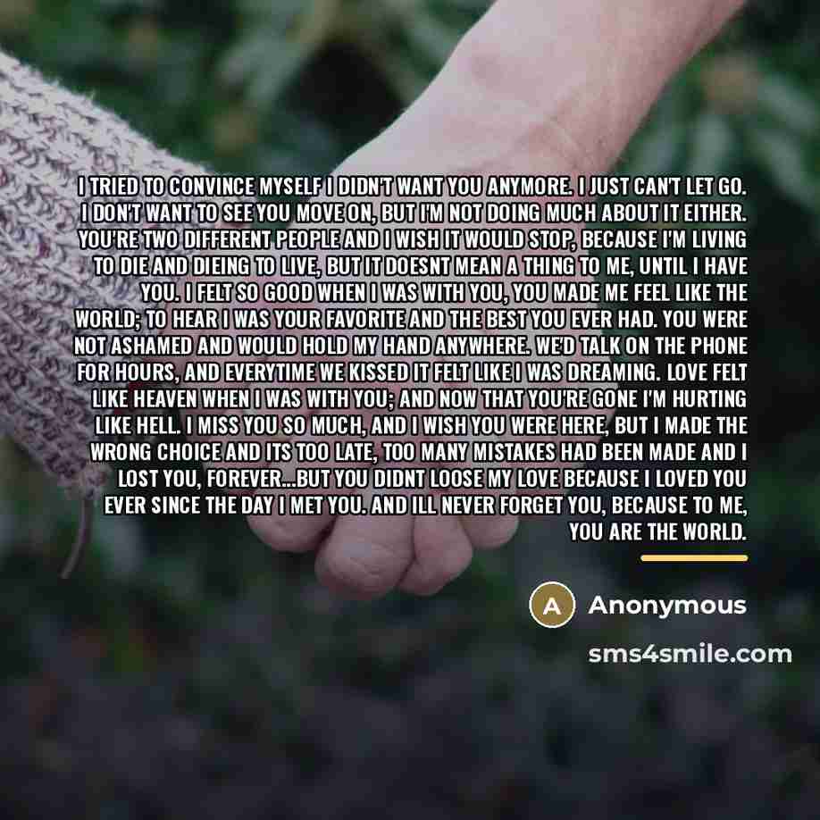“I tried to convince myself I didn't want you anymore.…” quote by Anonymous
