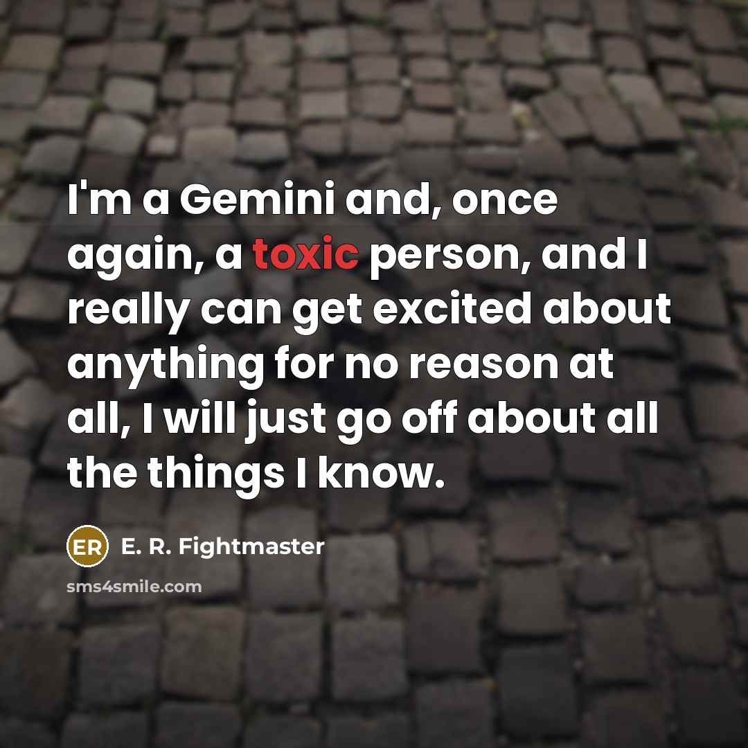 “I'm a Gemini and, once again, a toxic person, and I really can get excited about anything for no reason at all, I will just go off about all the things I know.” quote by E. R. Fightmaster