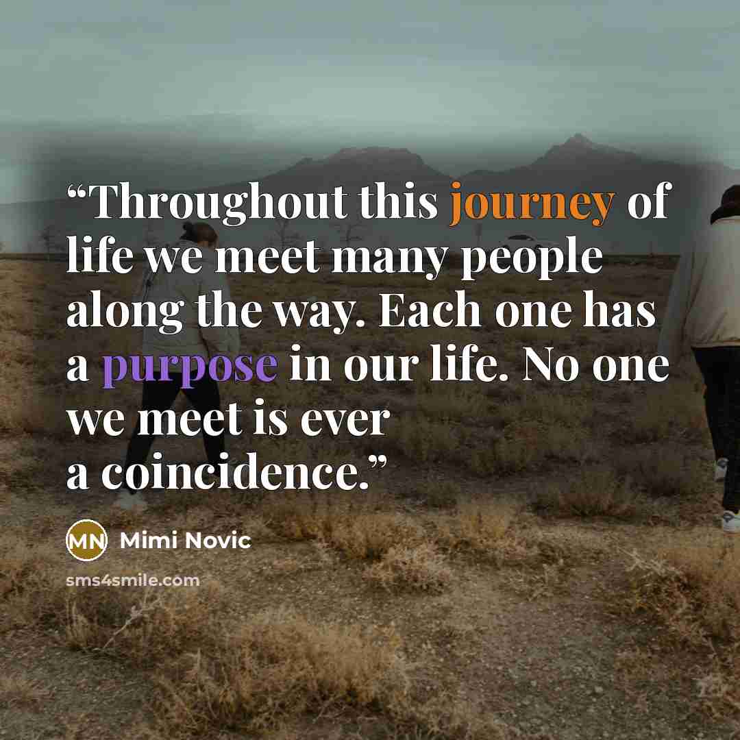 “Throughout this journey of life we meet many people along the way. Each one has a purpose in our life. No one we meet is ever a coincidence.” quote by Mimi Novic