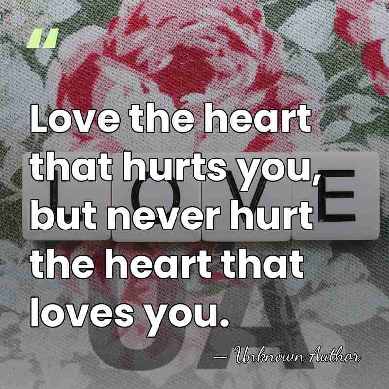 Love the heart that hurts you, but never hurt the heart that&hellip; - Unknown Author