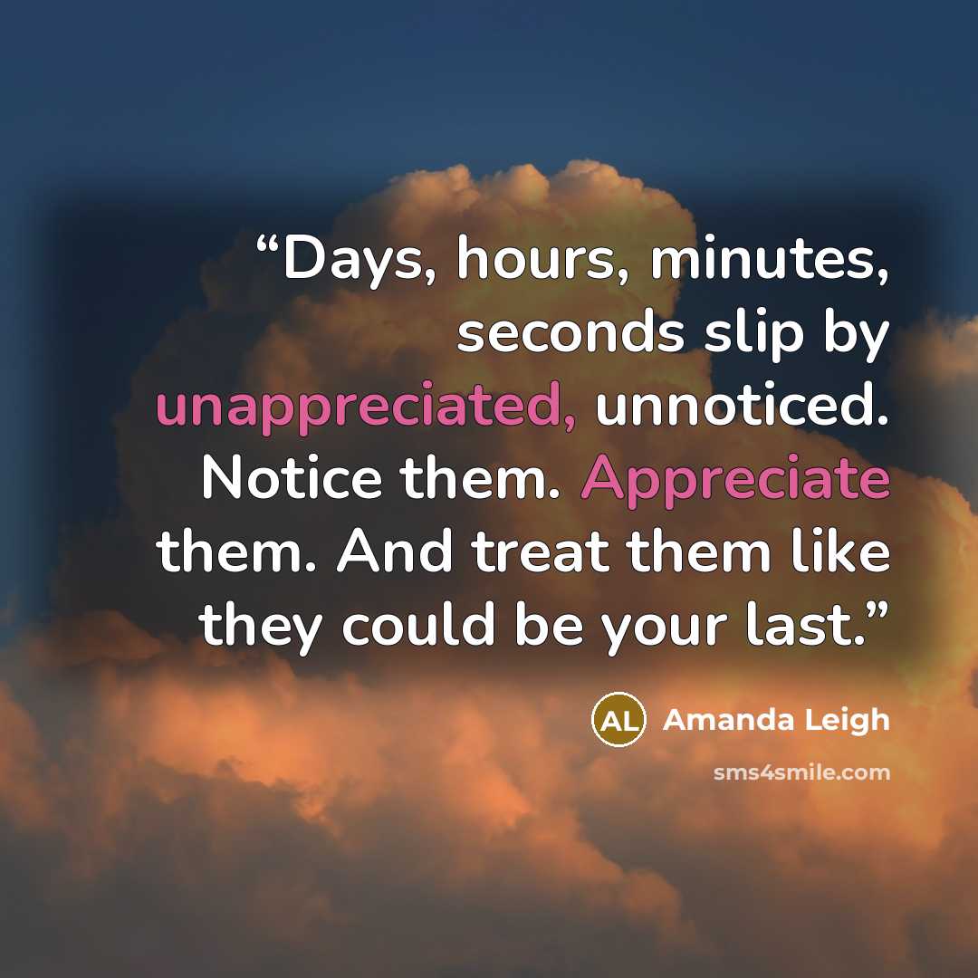 “Days, hours, minutes, seconds slip by unappreciated, unnoticed. Notice them. Appreciate them. And treat them like they could be your last.” quote by Amanda Leigh