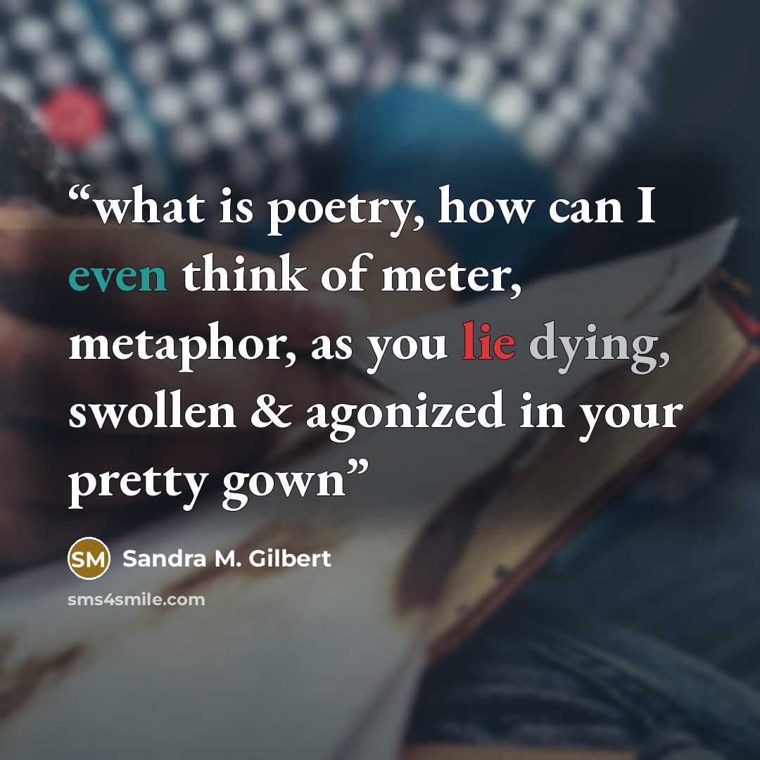 “what is poetry, how can I even think of meter, metaphor, as you lie dying, swollen & agonized in your pretty gown” quote by Sandra M. Gilbert