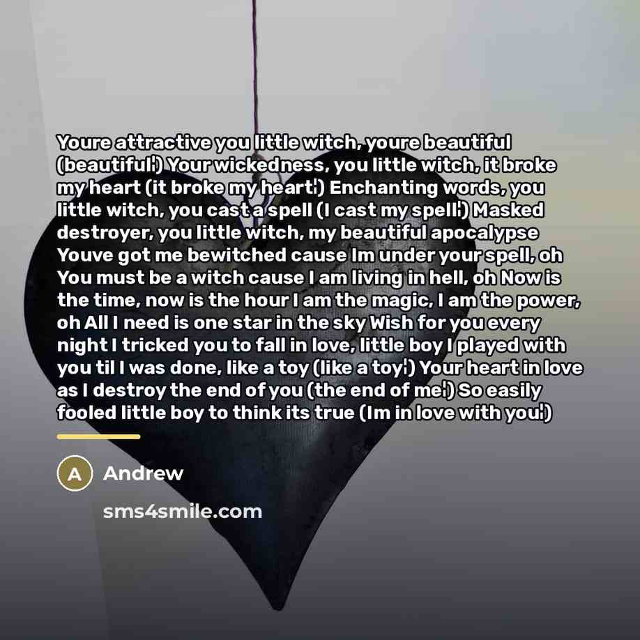 “Youre attractive you little witch, youre beautiful (beautiful¦) Your wickedness,…” quote by Andrew