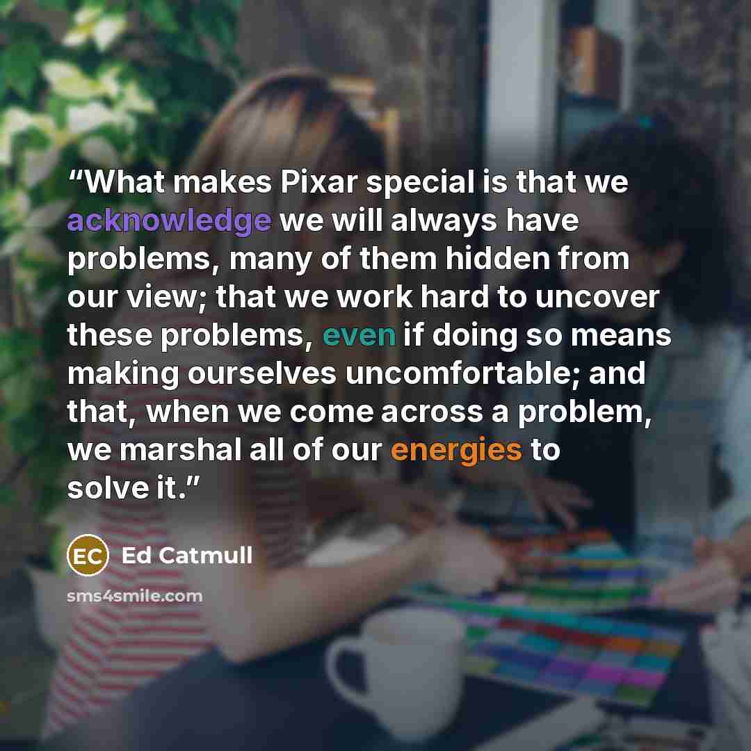 “What makes Pixar special is that we acknowledge we will always have problems, many of them hidden from our view; that we work hard to uncover these problems, even if doing so means making ourselves uncomfortable; and that, when we come across a problem, we marshal all of our energies to solve it.” quote by Ed Catmull