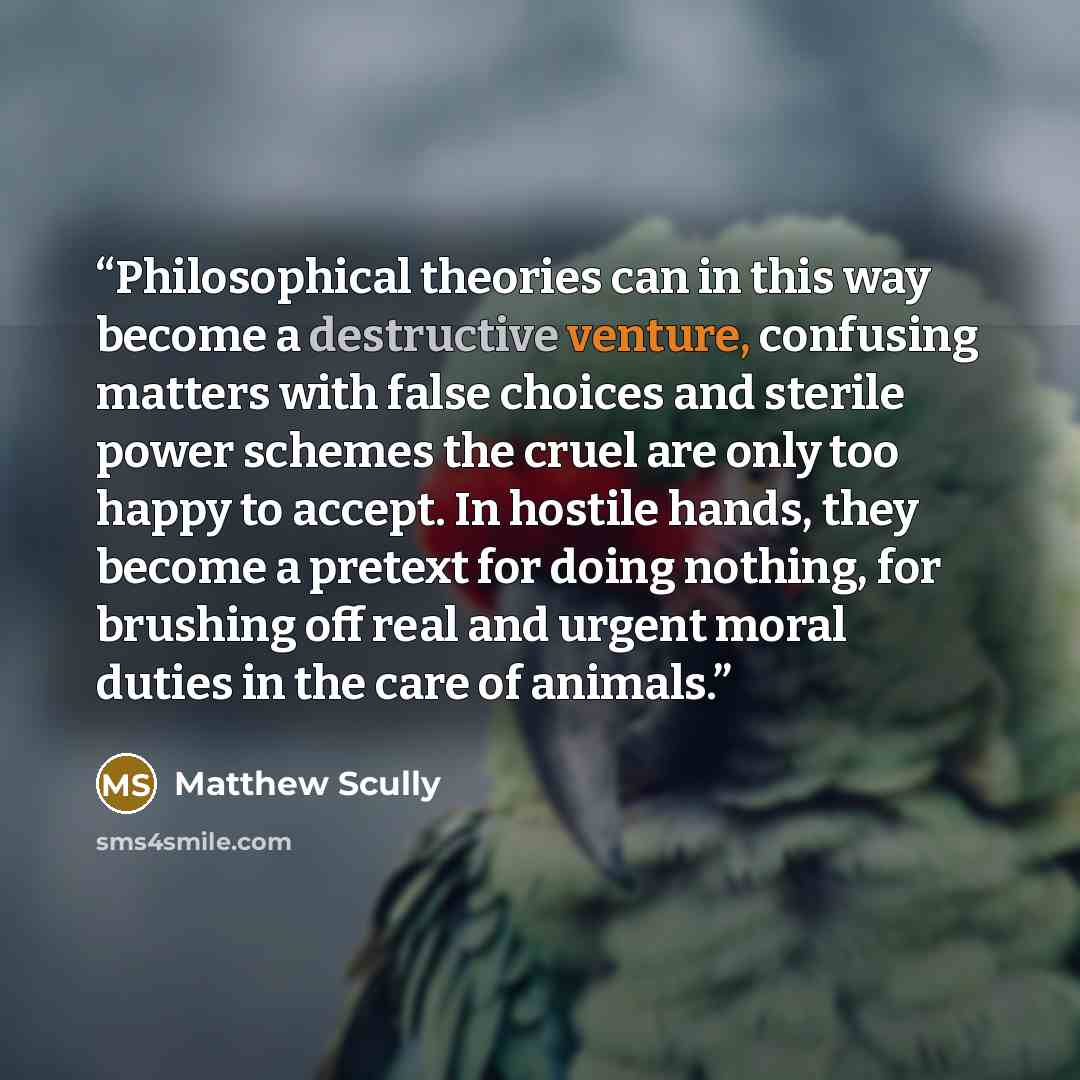 “Philosophical theories can in this way become a destructive venture, confusing matters with false choices and sterile power schemes the cruel are only too happy to accept. In hostile hands, they become a pretext for doing nothing, for brushing off real and urgent moral duties in the care of animals.” quote by Matthew Scully