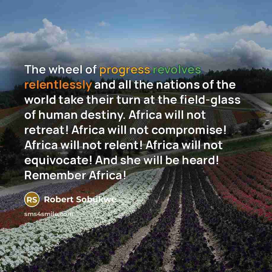 “The wheel of progress revolves relentlessly and all the nations of the world take their turn at the field-glass of human destiny. Africa will not retreat! Africa will not compromise! Africa will not relent! Africa will not equivocate! And she will be heard! Remember Africa!” quote by Robert Sobukwe