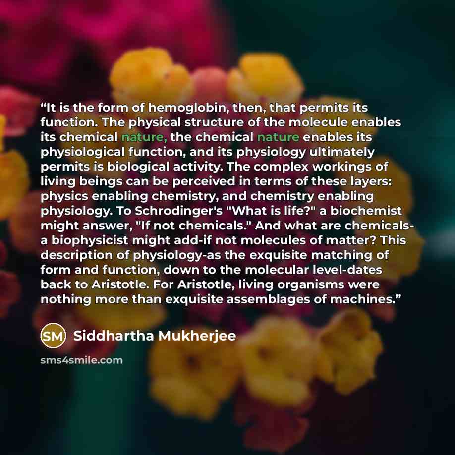 “It is the form of hemoglobin, then, that permits its function. The physical structure of the molecule enables its chemical nature, the chemical nature enables its physiological function, and its physiology ultimately permits is biological activity. The complex workings of living beings can be…” quote by Siddhartha Mukherjee