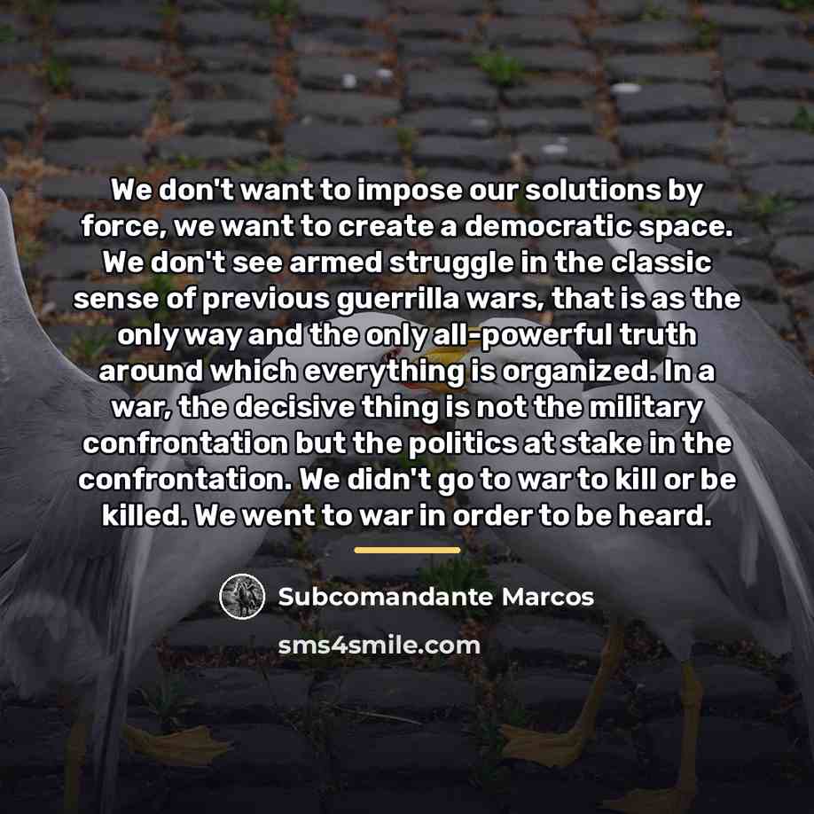 “We don't want to impose our solutions by force, we…” quote by Subcomandante Marcos