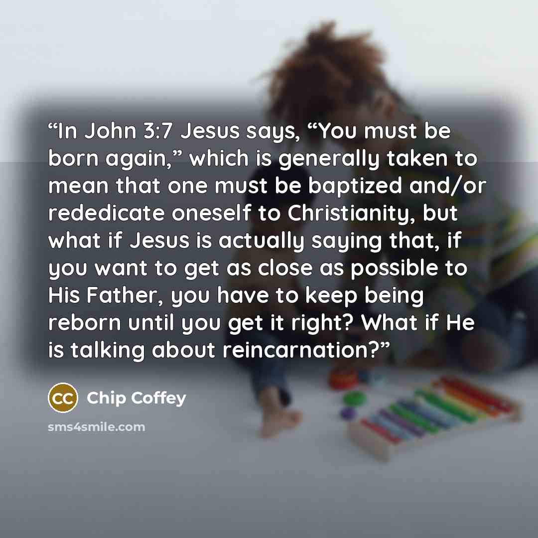 “In John 3:7 Jesus says, “You must be born again,” which is generally taken to mean that one must be baptized and/or rededicate oneself to Christianity, but what if Jesus is actually saying that, if you want to get as close as possible to His Father, you have to keep being reborn until you get it…” quote by Chip Coffey