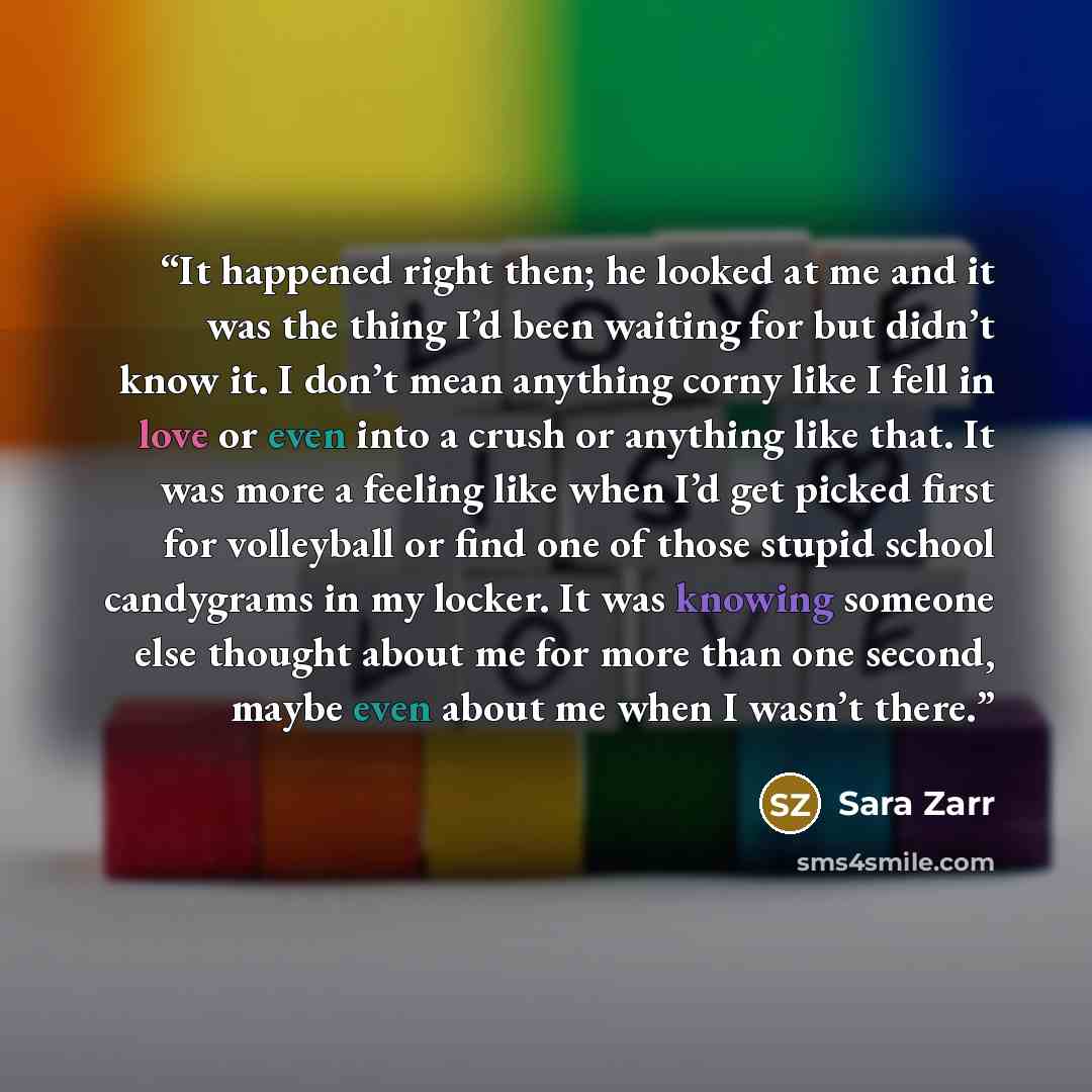 “It happened right then; he looked at me and it was the thing I’d been waiting for but didn’t know it. I don’t mean anything corny like I fell in love or even into a crush or anything like that. It was more a feeling like when I’d get picked first for volleyball or find one of those stupid school…” quote by Sara Zarr