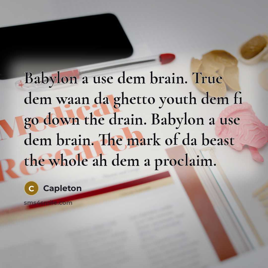 “Babylon a use dem brain. True dem waan da ghetto youth dem fi go down the drain. Babylon a use dem brain. The mark of da beast the whole ah dem a proclaim.” quote by Capleton