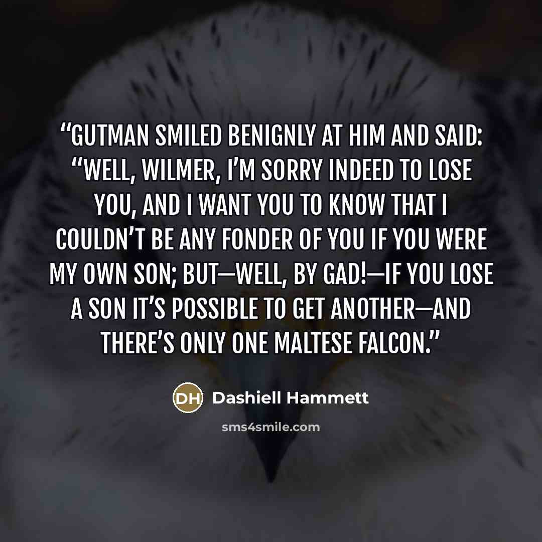 “Gutman smiled benignly at him and said: “Well, Wilmer, I’m sorry indeed to lose you, and I want you to know that I couldn’t be any fonder of you if you were my own son; but—well, by Gad!—if you lose a son it’s possible to get another—and there’s only one Maltese falcon.” quote by Dashiell Hammett
