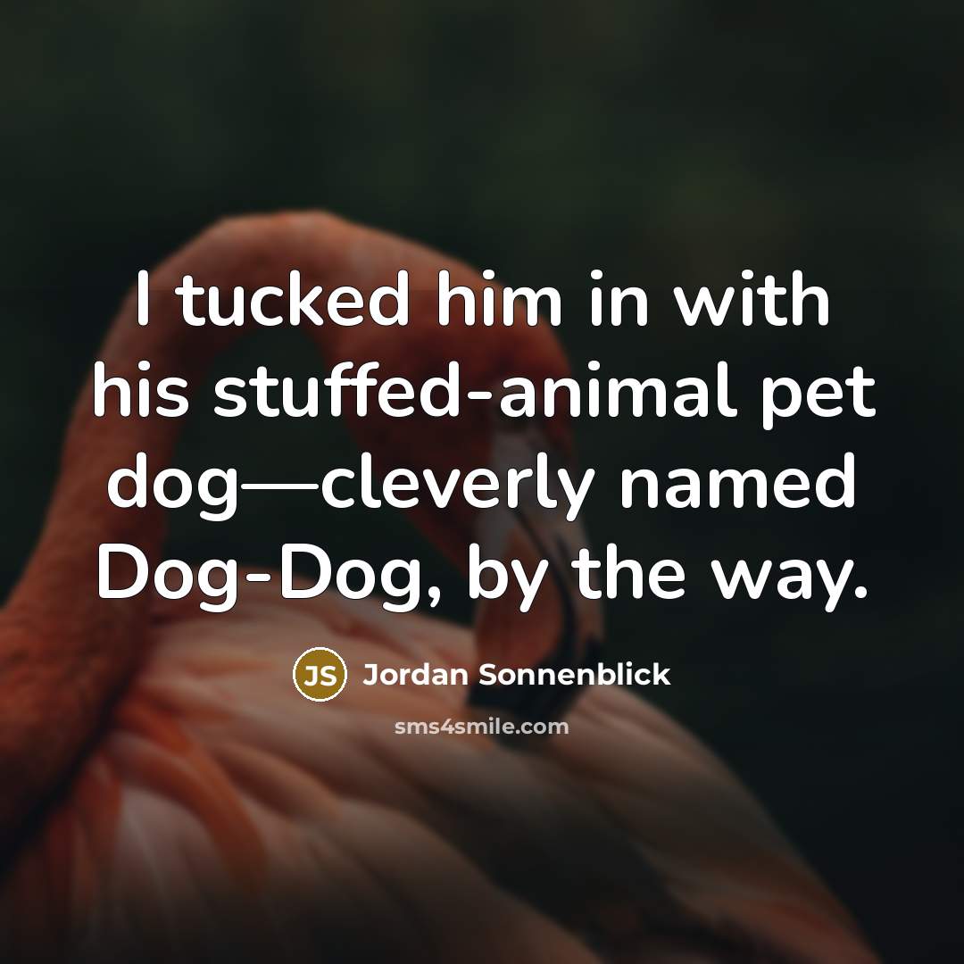 “I tucked him in with his stuffed-animal pet dog—cleverly named…” quote by Jordan Sonnenblick