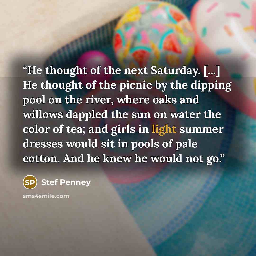“He thought of the next Saturday. [...] He thought of the picnic by the dipping pool on the river, where oaks and willows dappled the sun on water the color of tea; and girls in light summer dresses would sit in pools of pale cotton. And he knew he would not go.” quote by Stef Penney