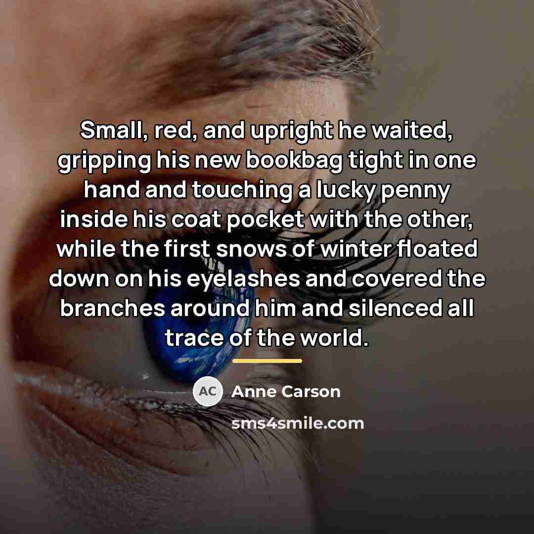 “Small, red, and upright he waited, gripping his new bookbag…” quote by Anne Carson