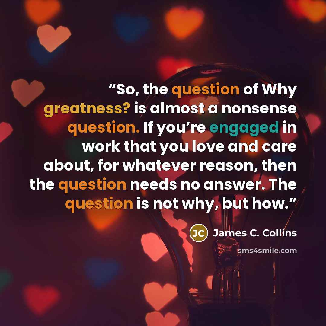 “So, the question of Why greatness? is almost a nonsense question. If you’re engaged in work that you love and care about, for whatever reason, then the question needs no answer. The question is not why, but how.” quote by James C. Collins