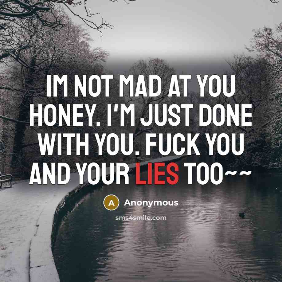 “Im not mad at you honey. I'm just done with you. Fuck you and your lies too~~” quote by Anonymous