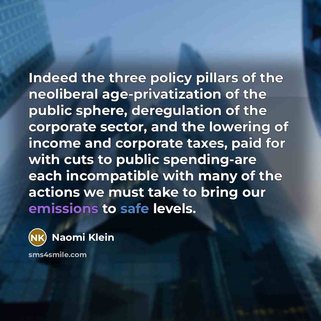 “Indeed the three policy pillars of the neoliberal age-privatization of…” quote by Naomi Klein
