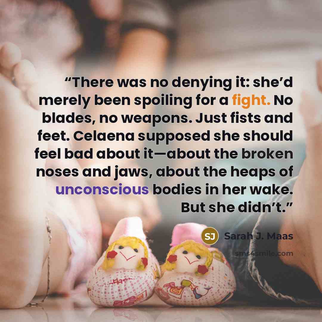 “There was no denying it: she’d merely been spoiling for a fight. No blades, no weapons. Just fists and feet. Celaena supposed she should feel bad about it—about the broken noses and jaws, about the heaps of unconscious bodies in her wake. But she didn’t.” quote by Sarah J. Maas
