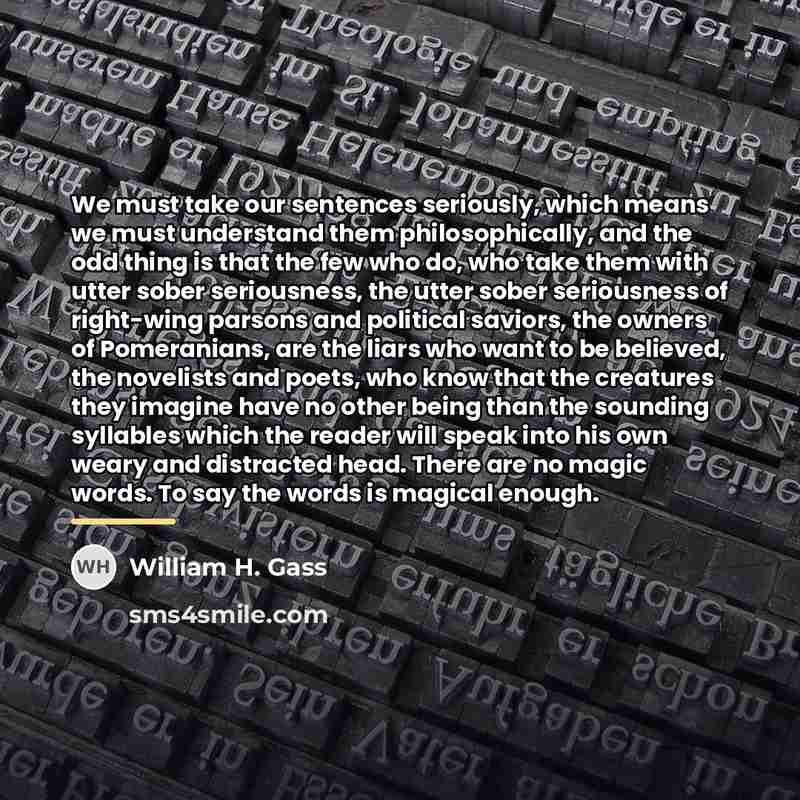 “We must take our sentences seriously, which means we must…” quote by William H. Gass