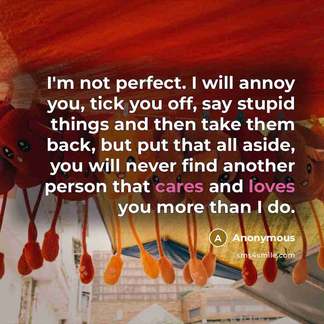“I'm not perfect. I will annoy you, tick you off, say stupid things and then take them back, but put that all aside, you will never find another person that cares and loves you more than I do.” quote by Anonymous