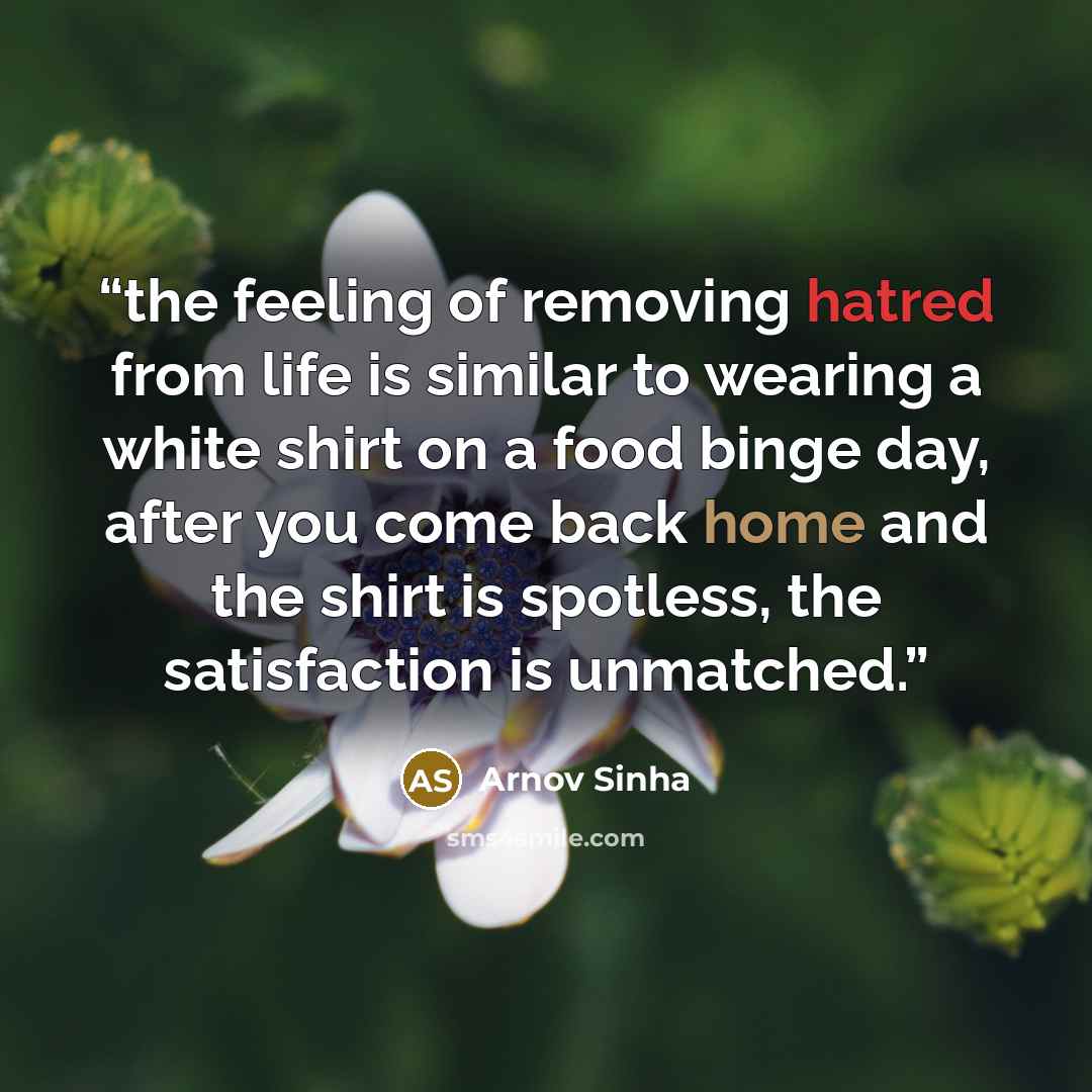 “the feeling of removing hatred from life is similar to wearing a white shirt on a food binge day, after you come back home and the shirt is spotless, the satisfaction is unmatched.” quote by Arnov Sinha