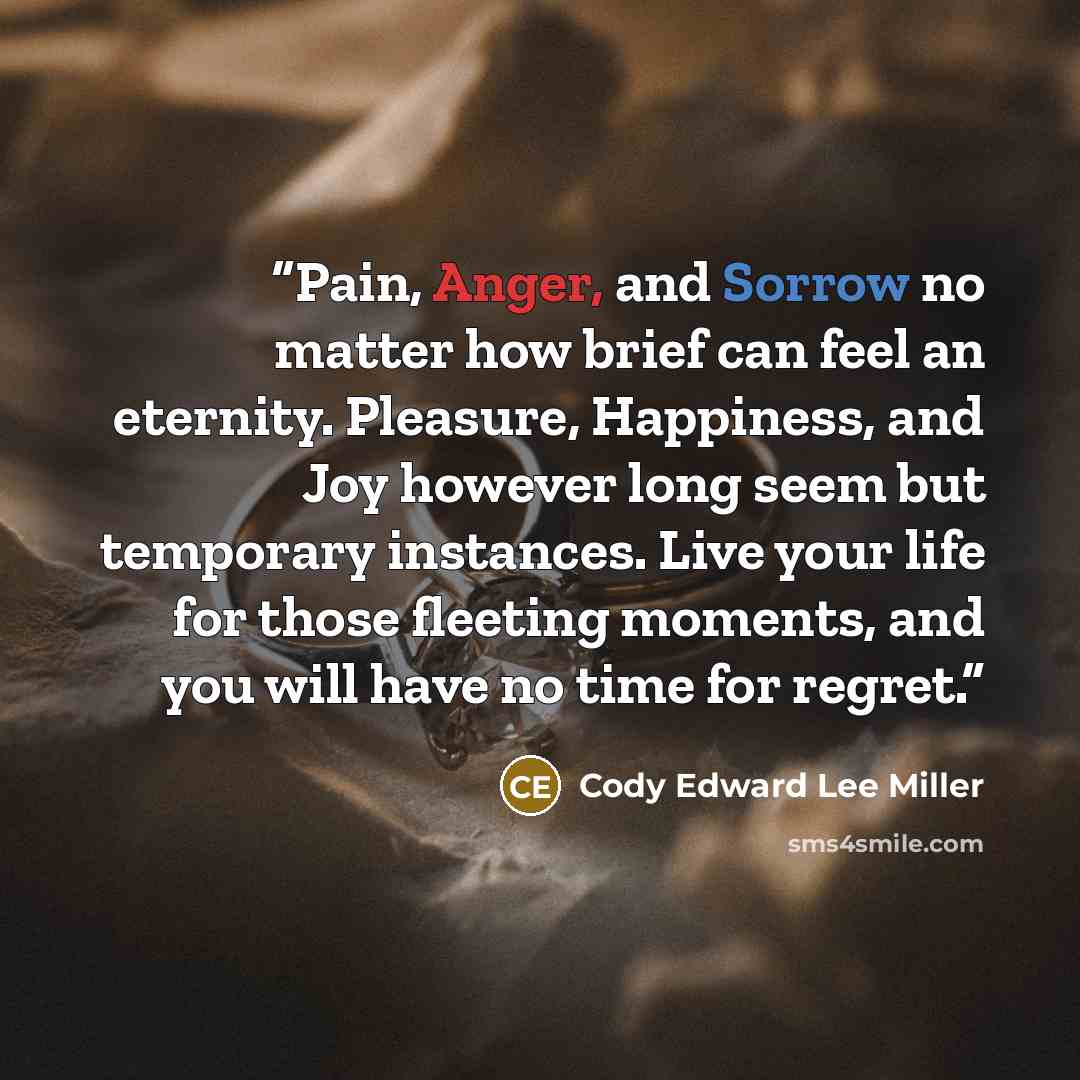 “Pain, Anger, and Sorrow no matter how brief can feel an eternity. Pleasure, Happiness, and Joy however long seem but temporary instances. Live your life for those fleeting moments, and you will have no time for regret.” quote by Cody Edward Lee Miller