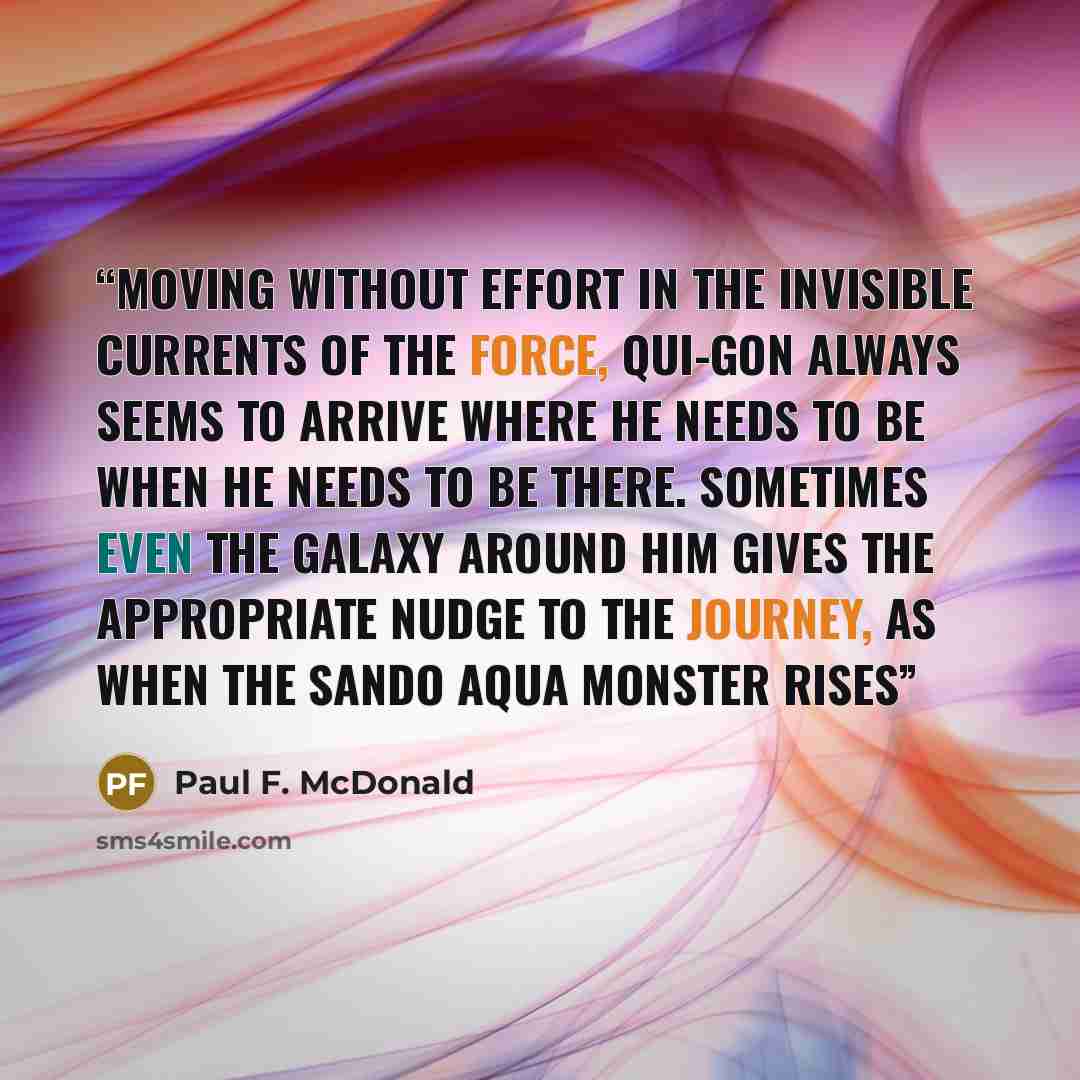 “Moving without effort in the invisible currents of the Force, Qui-Gon always seems to arrive where he needs to be when he needs to be there. Sometimes even the galaxy around him gives the appropriate nudge to the journey, as when the sando aqua monster rises” quote by Paul F. McDonald