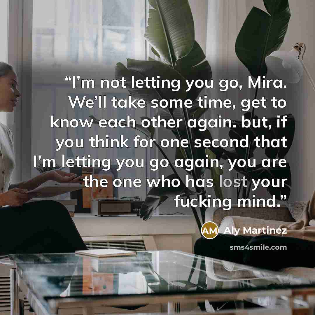 “I’m not letting you go, Mira. We’ll take some time, get to know each other again. but, if you think for one second that I’m letting you go again, you are the one who has lost your fucking mind.” quote by Aly Martinez