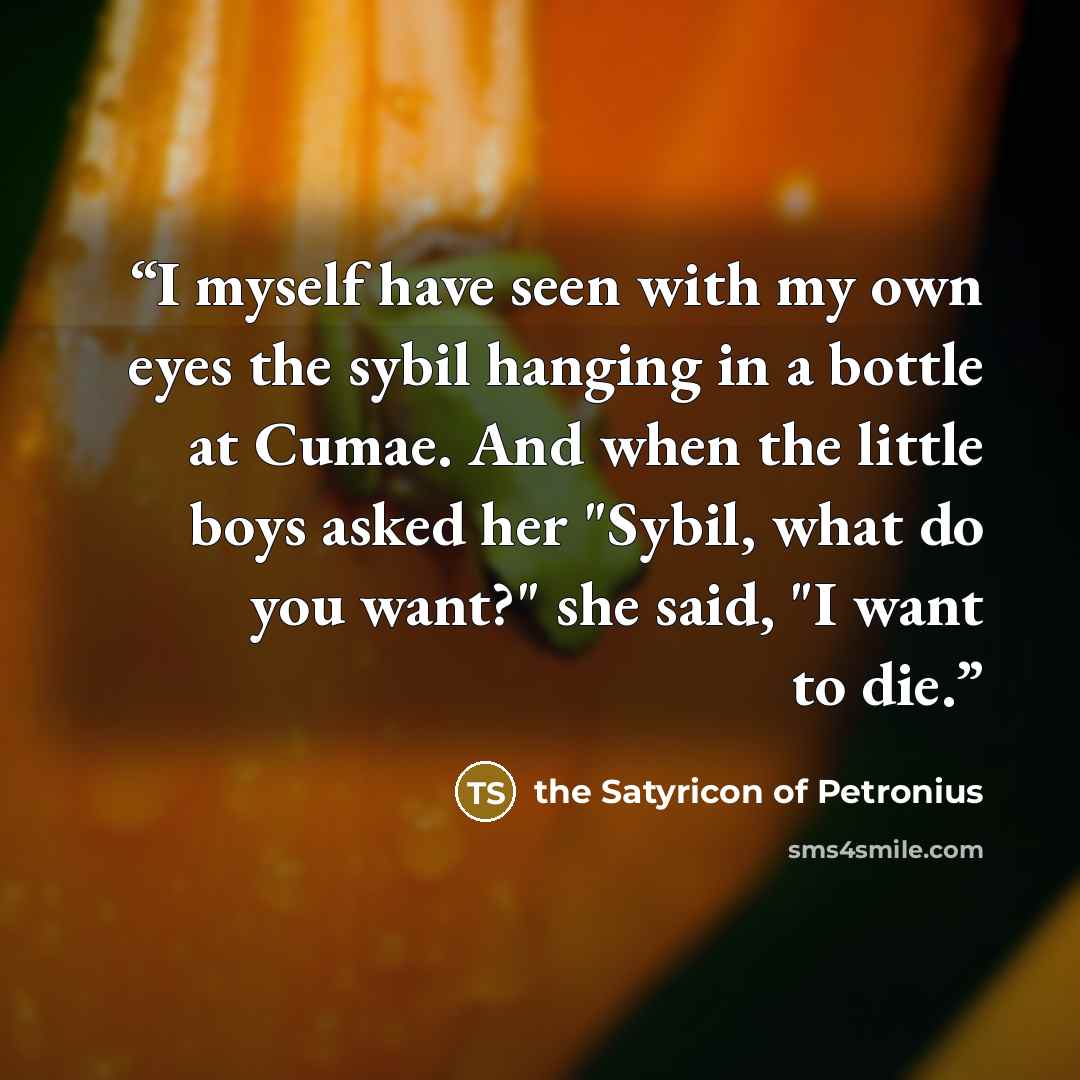 “I myself have seen with my own eyes the sybil hanging in a bottle at Cumae. And when the little boys asked her "Sybil, what do you want?" she said, "I want to die.” quote by the Satyricon of Petronius
