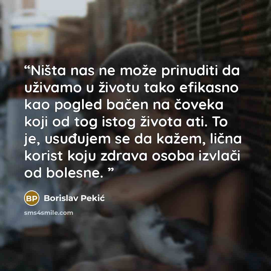 “Ništa nas ne može prinuditi da uživamo u životu tako efikasno kao pogled bačen na čoveka koji od tog istog života ati. To je, usuđujem se da kažem, lična korist koju zdrava osoba izvlači od bolesne.” quote by Borislav Pekić